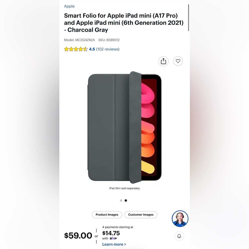 Smart Folio for Apple iPad mini 6th generation & A17 Pro, Charcoal Gray